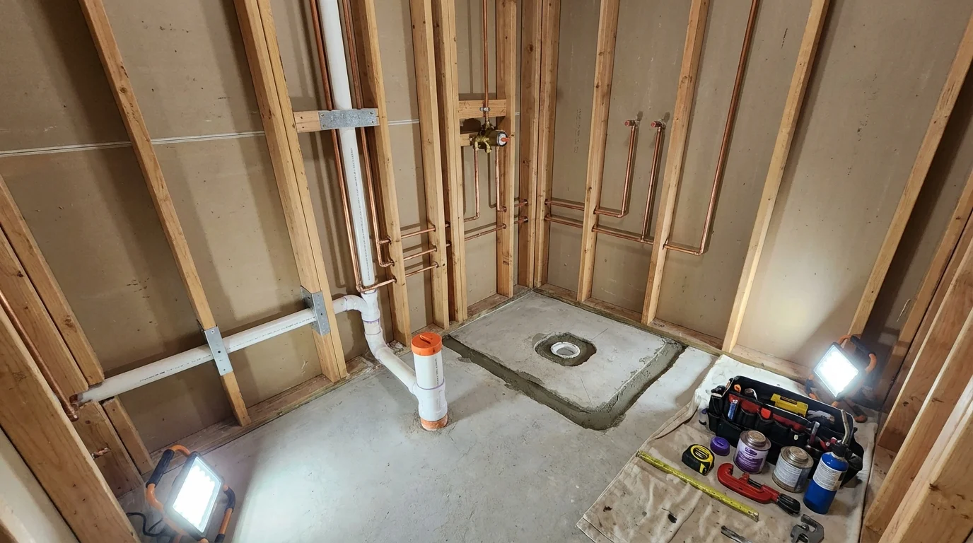 Bathroom rough-in plumbing during remodel by Johns Plumbing LLC in Balsam Lake