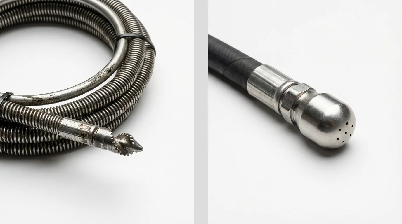 Drain snake cable and hydro jetting nozzle used for drain cleaning in Balsam Lake, WI