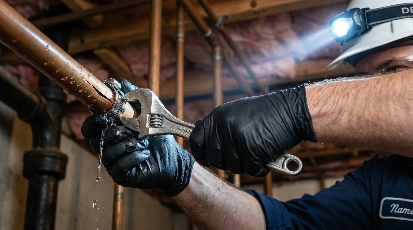 Emergency pipe clamp repair being performed by a Johns Plumbing LLC plumber in Balsam Lake