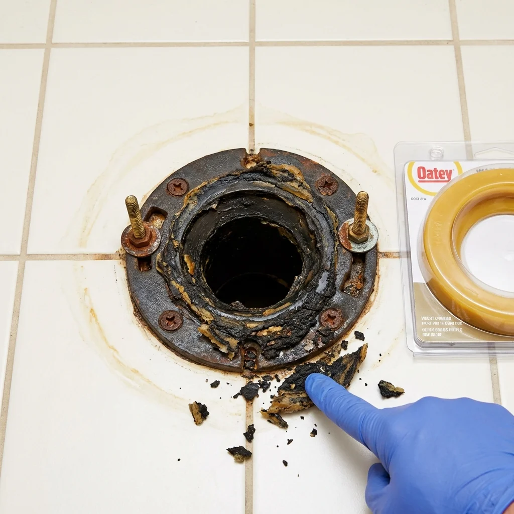 Failed wax ring showing water seepage at the base of a toilet in a Balsam Lake, WI home