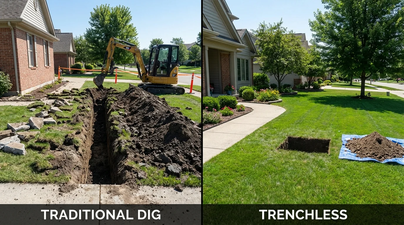 Trenchless sewer repair with minimal yard damage versus traditional excavation in Balsam Lake, WI