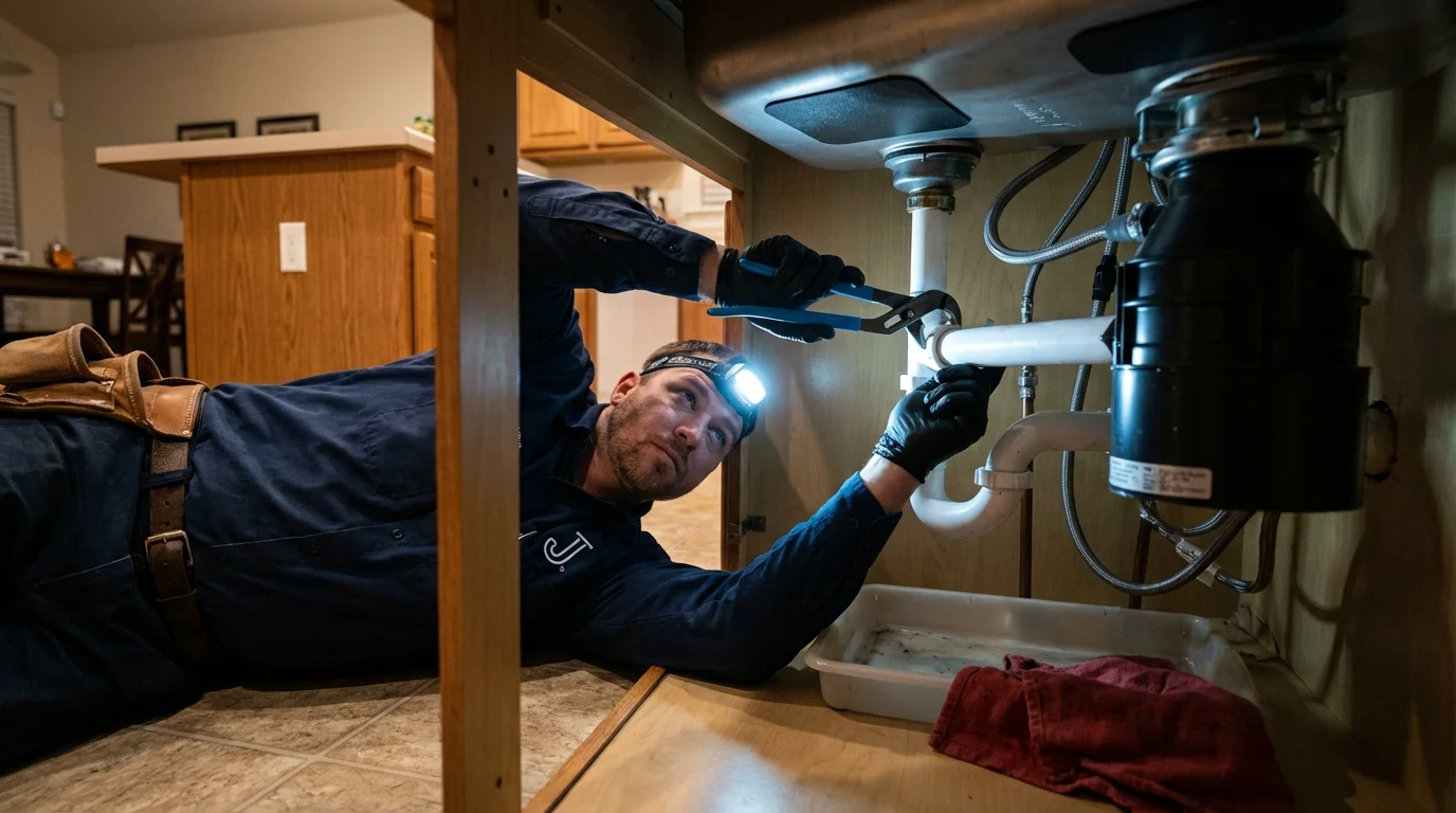 P-trap and supply line connections under a kitchen sink showing a common leak point in Balsam Lake, WI
